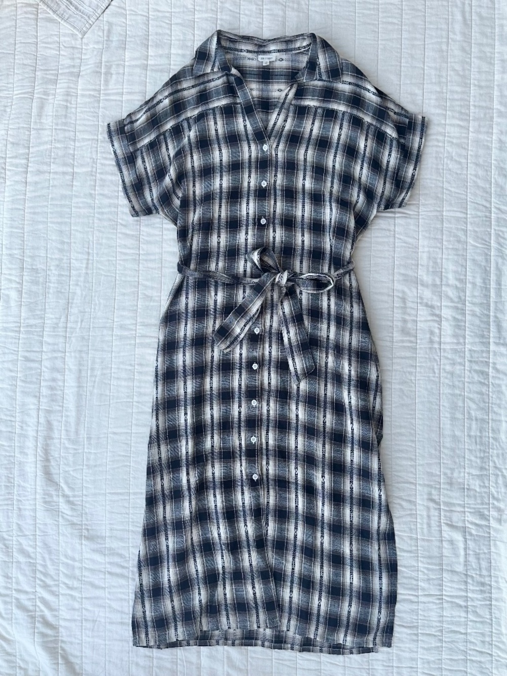 En Creme Plaid Belted Maxi Dress | Black Cream Brown | Size Small | 100% Cotton